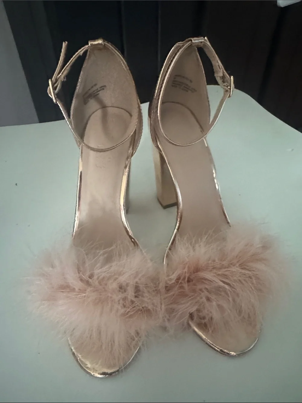 Charlotte Russe Gold Feather Slide Block Heels